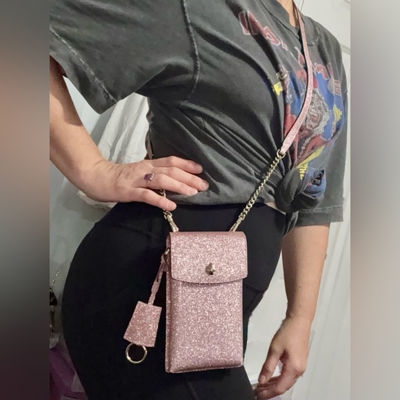 NEW! Kate Spade Mini Pink Glitter Crossbody/Phone Holder Bag W Covered Key Ring - Picture 1 of 16